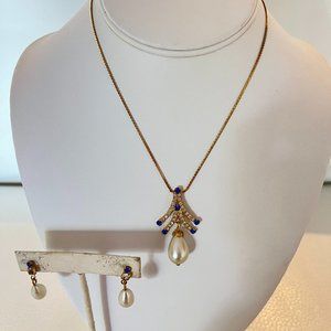 Faux pearl sapphire blue and clear rhinestone vintage necklace earrings set